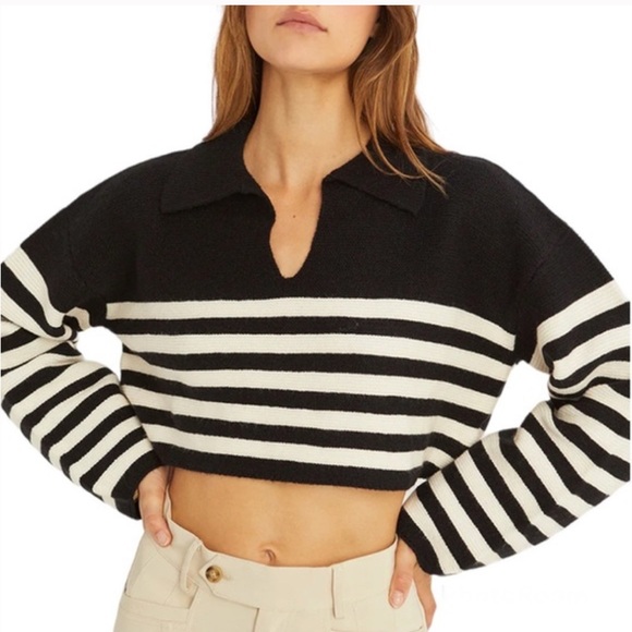 Crescent Sweaters - Crescent Striped Cropped Knit Polo Sweater in Black and White